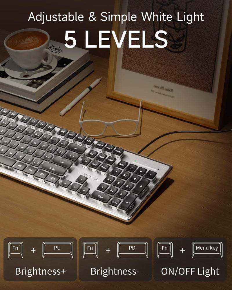SEUNKWANG لوحات مفاتيح الكمبيوتر EWEADN GX710S مضاءة من الخلف، لوحة مفاتيح USB سلكية مع إضاءة خلفية بيضاء، لوحة معدنية، توصيل وتشغيل، مفاتيح كاب كيك كاملة الحجم، لوحة مفاتيح كمبيوتر هادئة للويندوز/الكمبيوتر/اللابتوب - أسود - Image 5